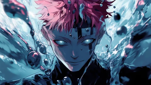 Cursed warrior emerges through liquid vortex with cold gaze.