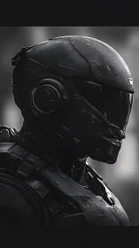Armored sci-fi soldier stands in profile with sleek helmet.