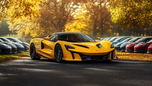 Yellow hypercar dominates autumn supercar lineup.