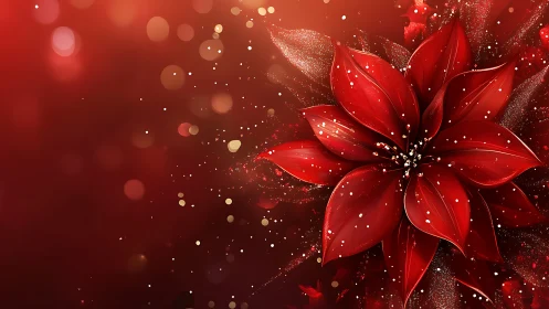 Red poinsettia flower on glowing festive red background.