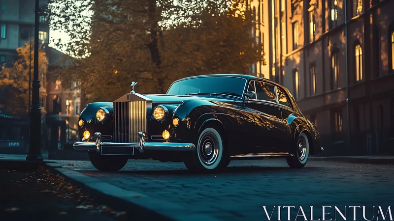 Vintage luxury sedan in cinematic dusk street lighting.