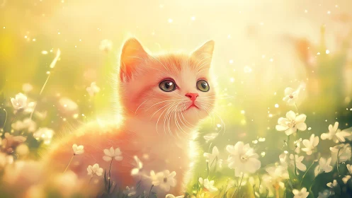 Orange and white cat in field of white flowers with golden hour lighting