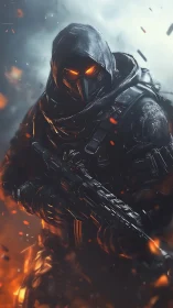 Ember-eyed shadow sentinel stalks through the war-torn blaze