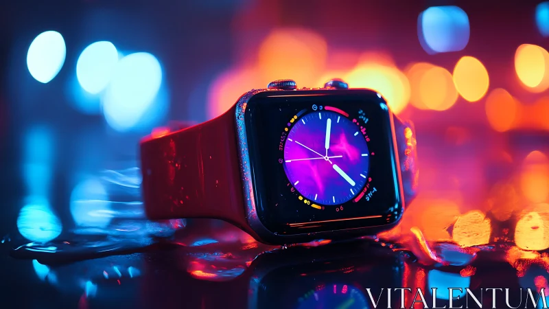 Smartwatch lies on wet reflective surface in neon lights