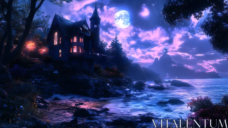 Moonlit shoreline house beside forest under vivid sky.