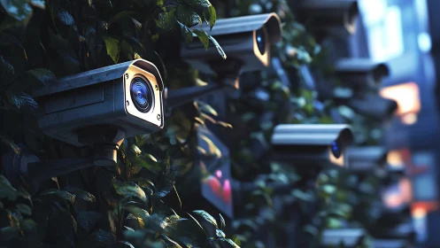 Surveillance cameras align along foliage wall in cinematic lighting