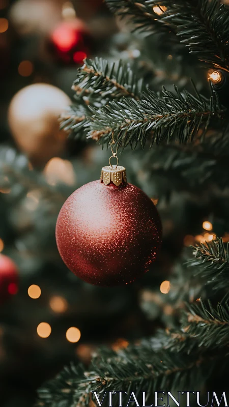Softly glowing red ornament nestled on a cozy tree branch.
