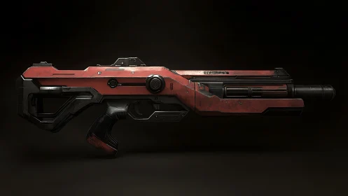 Futuristic red sci fi rifle rests in moody studio lighting