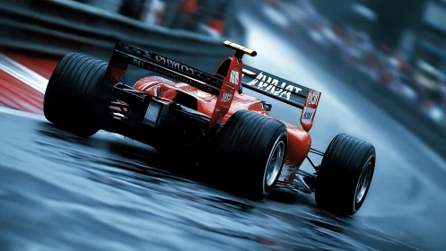 Rear view of red Formula car on wet racetrack in rain.