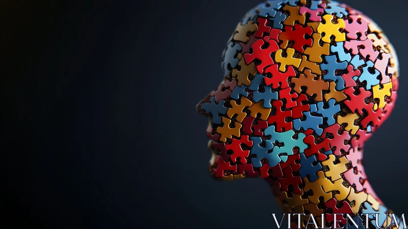 Human head silhouette constructed from puzzle pieces.