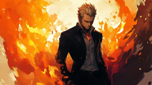 Stoic suited antihero stands amid swirling inferno light