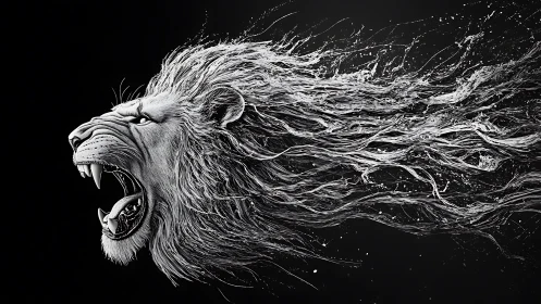 Roaring lion dissolves into dynamic, fluid monochrome strokes.