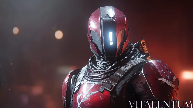 Starlit red armored guardian waiting in the neon dusk.