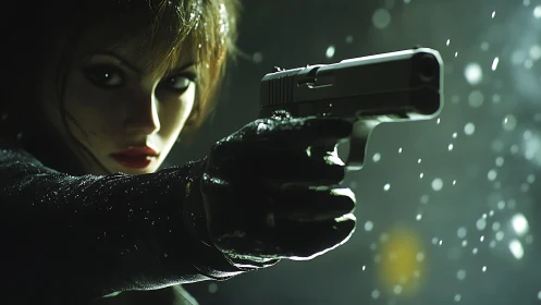 Midnight agent steadies a silver pistol in neon snowfall