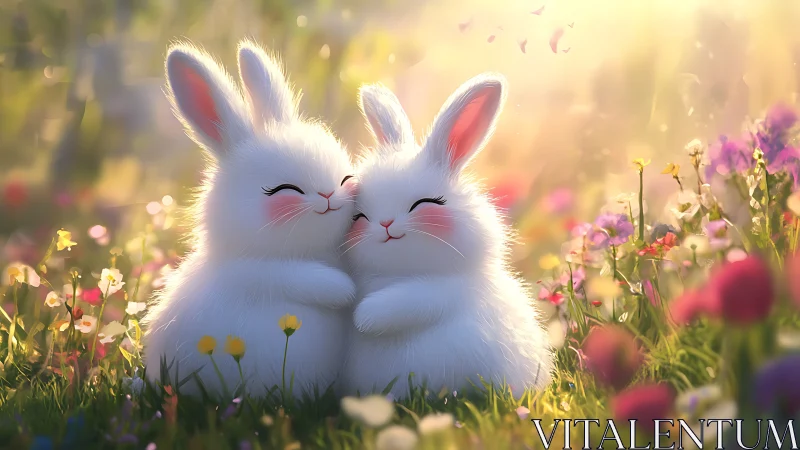 Sunlit snuggles with two fluffy bunnies in bloom-filled meadow.