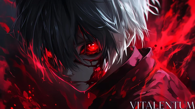 Bloodlit silver-haired antihero with burning crimson gaze.