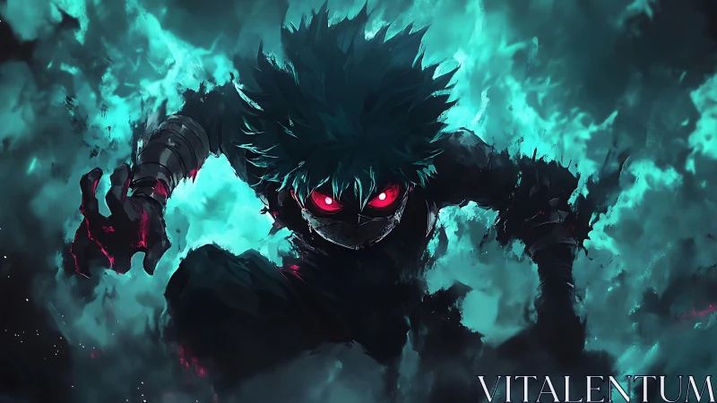 Intense anime hero emerging from teal storming energy.