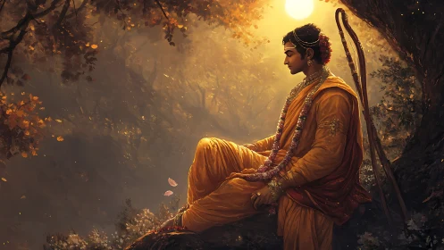 Golden-hour contemplative deity rendered in warm digital chiaroscuro