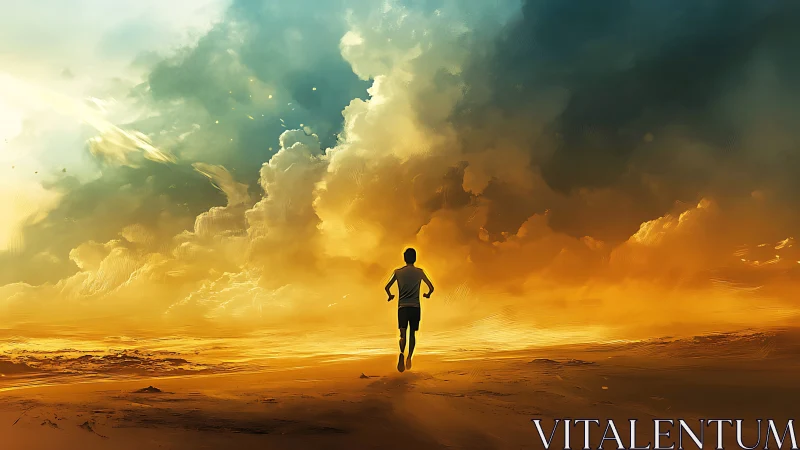 Solitary runner advances toward luminous storm horizon
