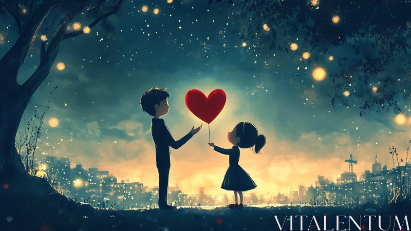 Two Children Share a Glowing Red Heart Balloon Under Starlit Sky.