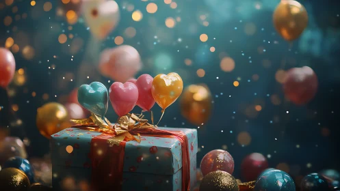 Magical Gift Box With Shimmering Heart Balloons.
