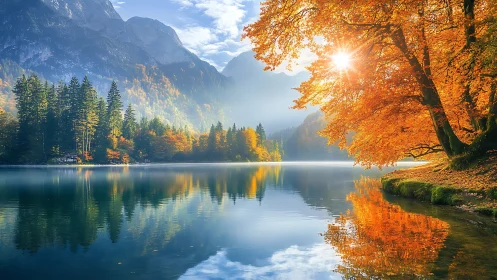 Radiant autumn maple overlooking tranquil mountain lake.