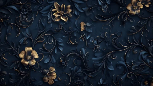 Elegant Golden Flowers Ornament Dark Blue Background.