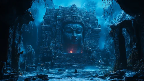 Moonlit stone guardian breathes firelight into a drowned temple