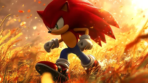 Crimson speedster storms a golden autumn blaze of light.