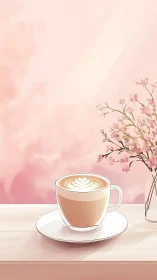 Digital painting of latte art with soft pastel floral backdrop.