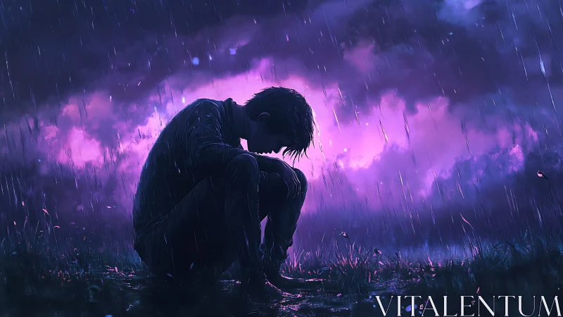 Rain-drenched silhouette curls beneath an electric violet storm