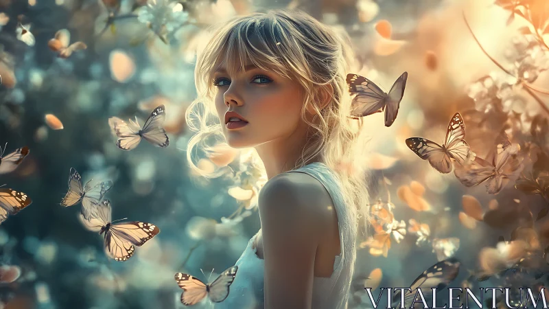Ethereal blonde girl meets glowing butterflies in dreamlight forest.