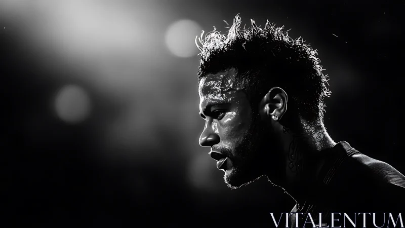 Dramatic monochrome portrait of focused soccer player in light.