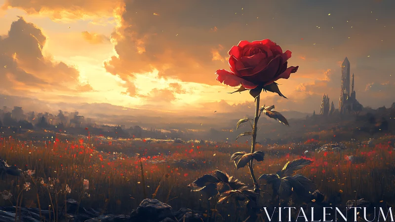Solitary crimson rose rises over a glowing fantasy horizon.