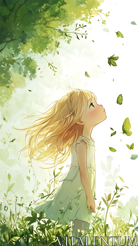 Young girl stands in foliage and observes floating leaves