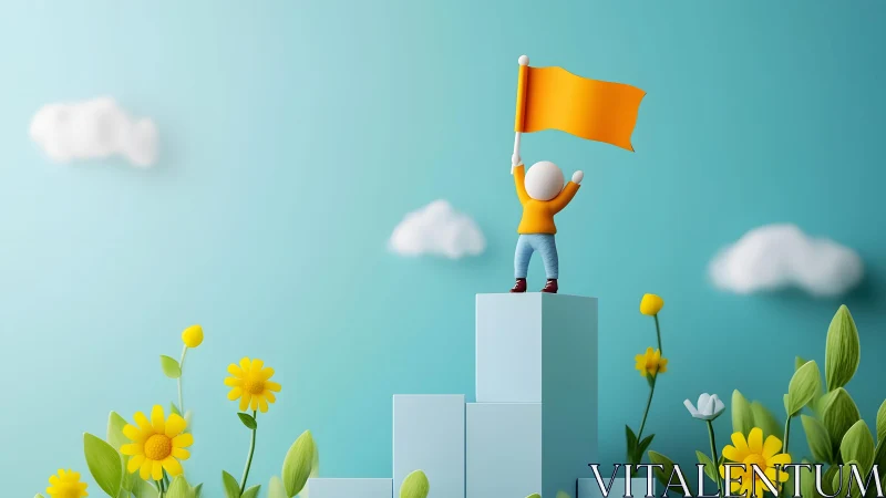Cartoon figure holding flag on podium in spring landscape, 3D style.