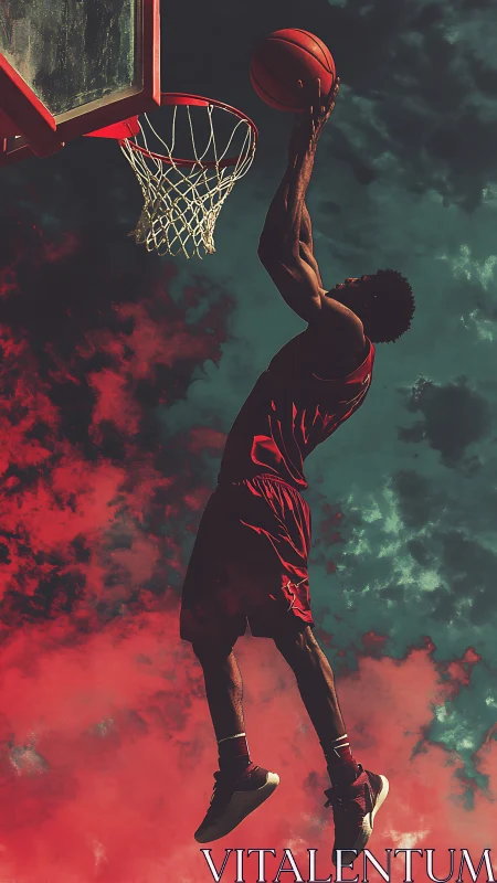 Basketball player dunking against dramatic colored sky.