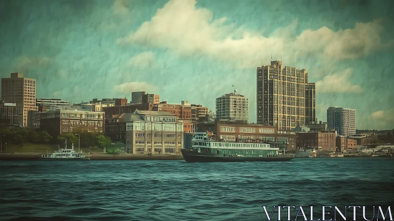 Harborfront daydream skyline where teal water meets brick hush.