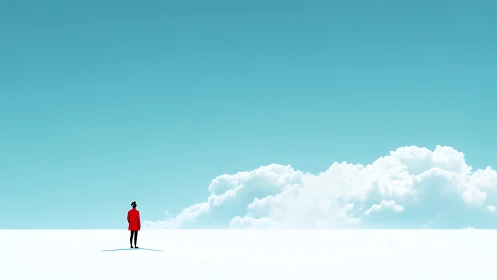 Quiet wanderer in red beneath a wide blue dreaming sky.