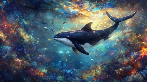 Whale in luminous digital reef environment, side profile view.