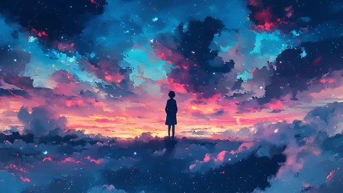 Silhouette of lone figure standing above vivid sunset clouds.