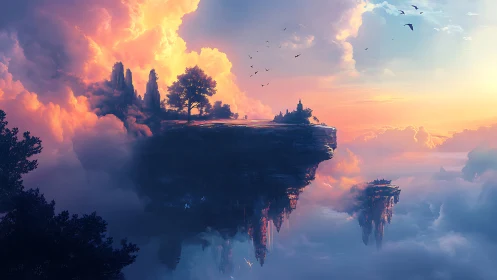 Floating Sky Islands at Sunset with Golden Light.