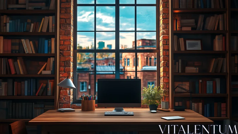 Brick wall study with desk, monitor and bookshelf window view.