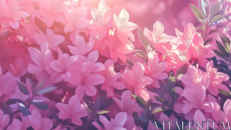 Soft-focus pink azalea blossoms under warm sunrise glow.