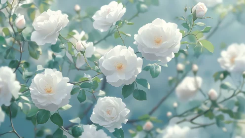 Soft digital roses on branches with pale teal bokeh light.