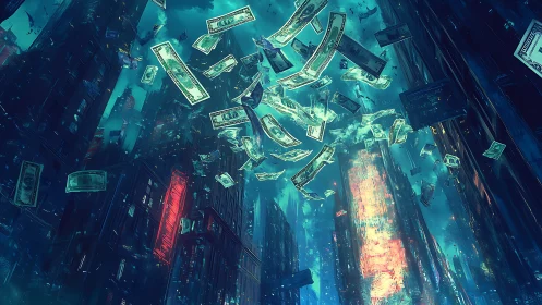 Neon city canyon with swirling money in cyan turbulence.