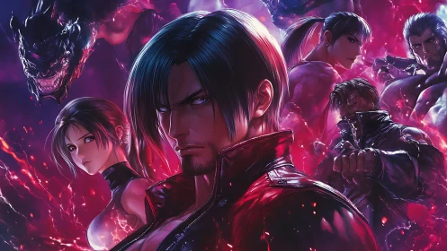 Fierce neon warriors gathered in a storm of crimson light.