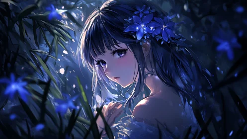 Nocturnal anime girl portrait with blue floral wreath lighting.