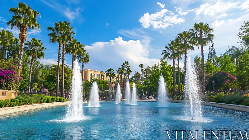 Palm lined urban water fountain pool under blue sky.