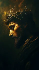 Side-profile portrait depicts robed figure with thorn crown